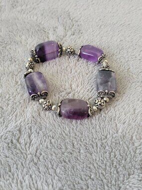 Purple Semi Precious Stone Stretch Bracelet Ornate Silver Tone Beads Boho 7" B2E